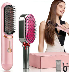 Straightening Brush, Wireless Straightening Brush, Portable Cordless Straightener Straightener with USB Charging Function, 2-in-1 Negative Ion Hair Straightening Brush (Black-1)