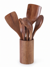 Cirelle 8pcs Wooden Cooking Utensil Set, Soup Spoon, Salad Fork, Long Rice Spoon, Slotted Spoon, Spatula, Utensil Holder, Kitchen Use, Rama Kitchen Essentials, Family Dining, Party Use, Housewarming Gift