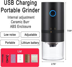 Portable Electric Burr Coffee Grinder, 1500mAh USB Rechargeable with Ceramic Burr & 10 Filters, for Espresso, French Press, Travel & Home Use