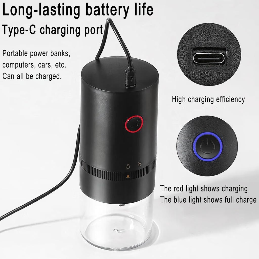 Portable Electric Burr Coffee Grinder, 1500mAh USB Rechargeable with Ceramic Burr & 10 Filters, for Espresso, French Press, Travel & Home Use
