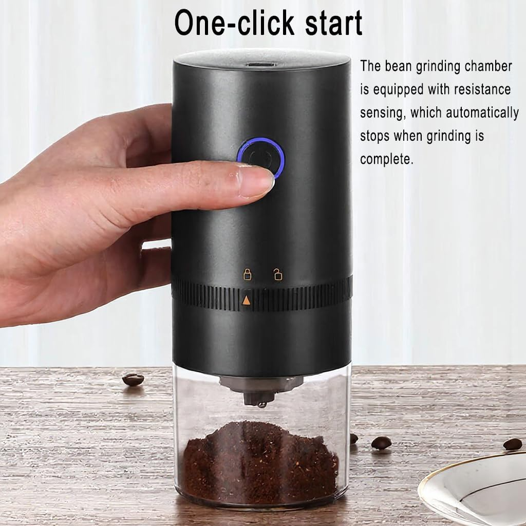 Portable Electric Burr Coffee Grinder, 1500mAh USB Rechargeable with Ceramic Burr & 10 Filters, for Espresso, French Press, Travel & Home Use