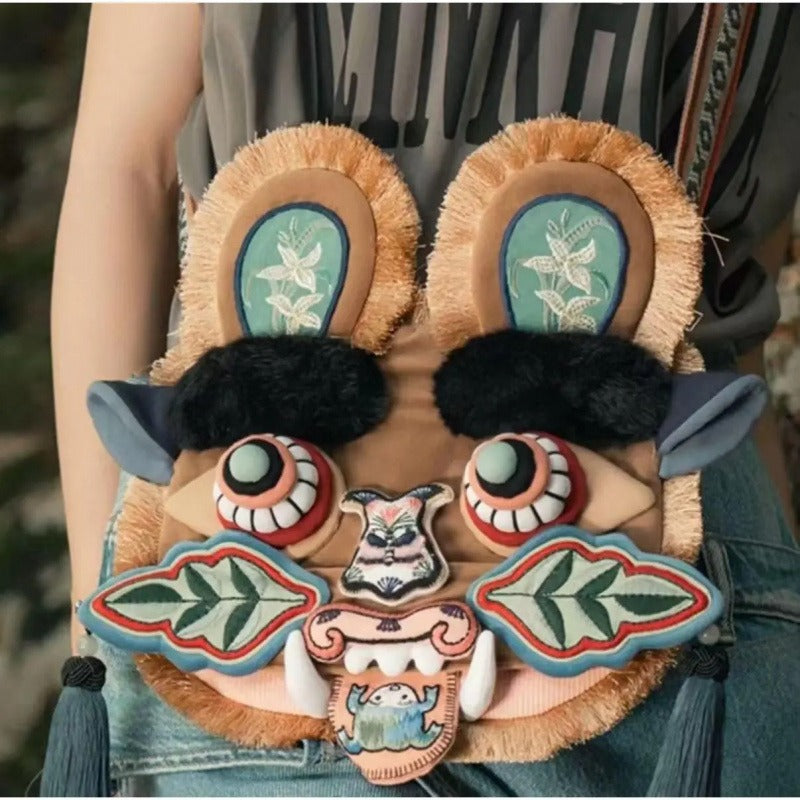 Hand-Embroidered Chinese-Style Lion Dance Shoulder Bag