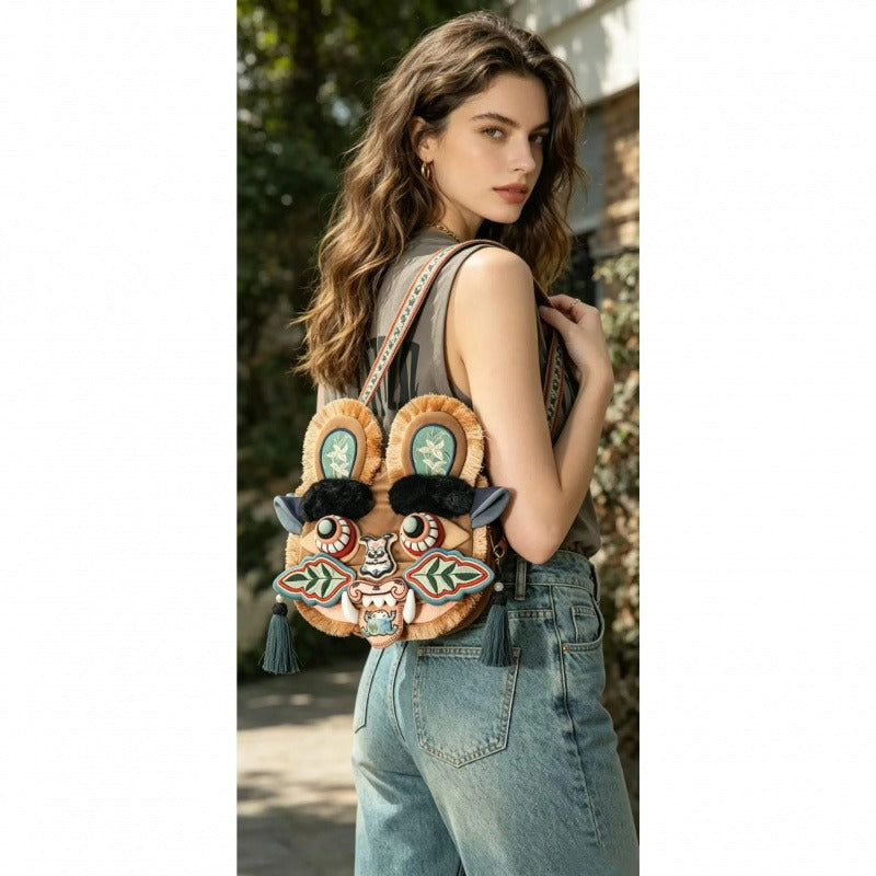 Hand-Embroidered Chinese-Style Lion Dance Shoulder Bag
