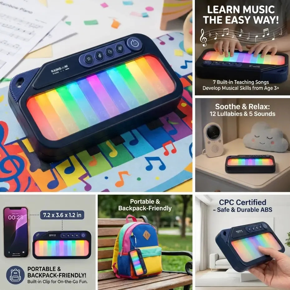Toddler Pocket Mini Piano with Rainbow Lights | 13 Keys Interactive Travel Musical Toy, Lullabies & Teaching Songs, Birthday Gift for 1-6 Years Old Boys Girls