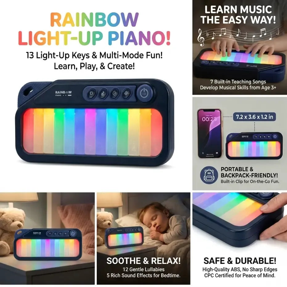 Toddler Pocket Mini Piano with Rainbow Lights | 13 Keys Interactive Travel Musical Toy, Lullabies & Teaching Songs, Birthday Gift for 1-6 Years Old Boys Girls
