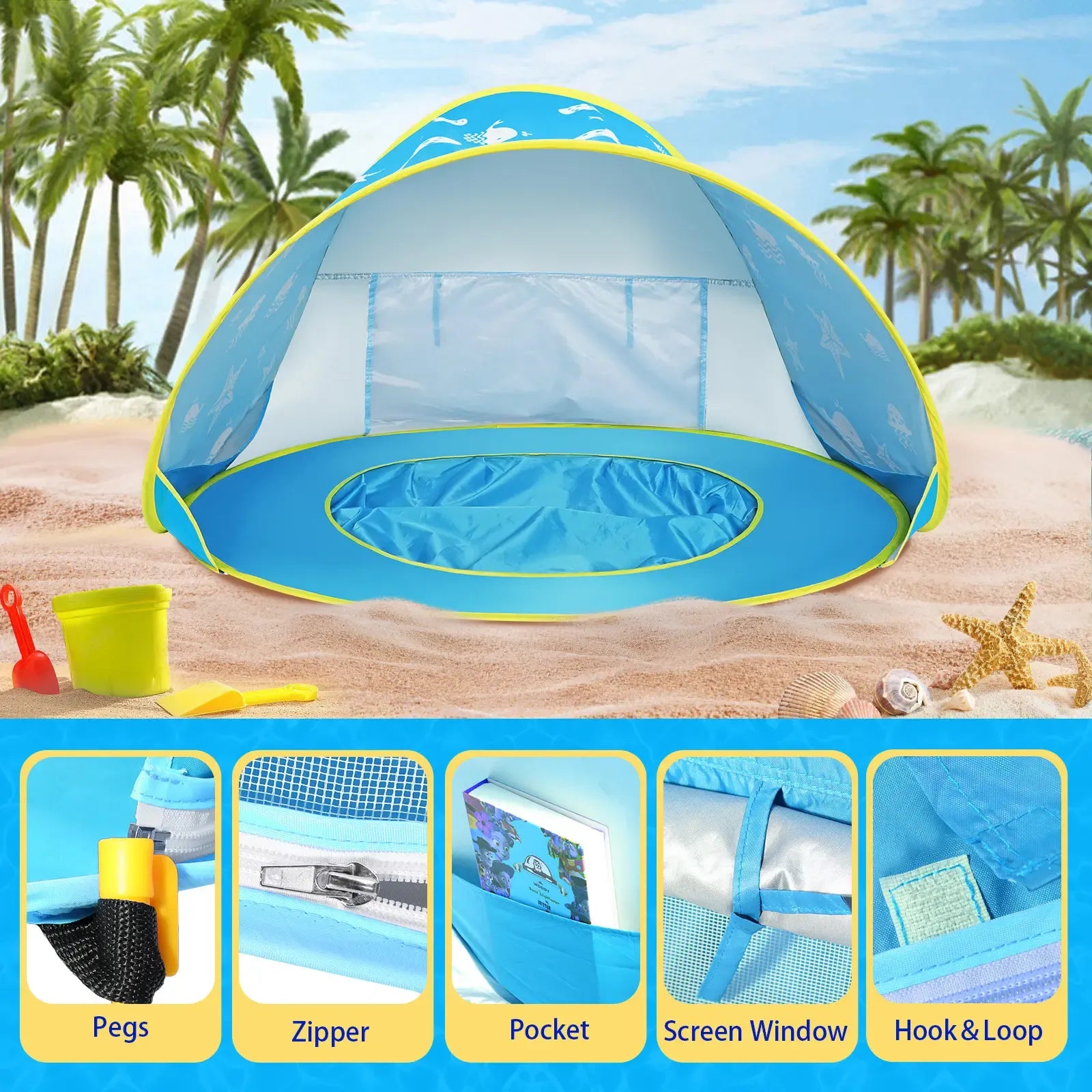 Summer Beach Tent for Kids Blue Pop up Play Tent Sun Shelter UV Protection Playhouse Indoor Outdoor Game Perfect Toy Gift Fun