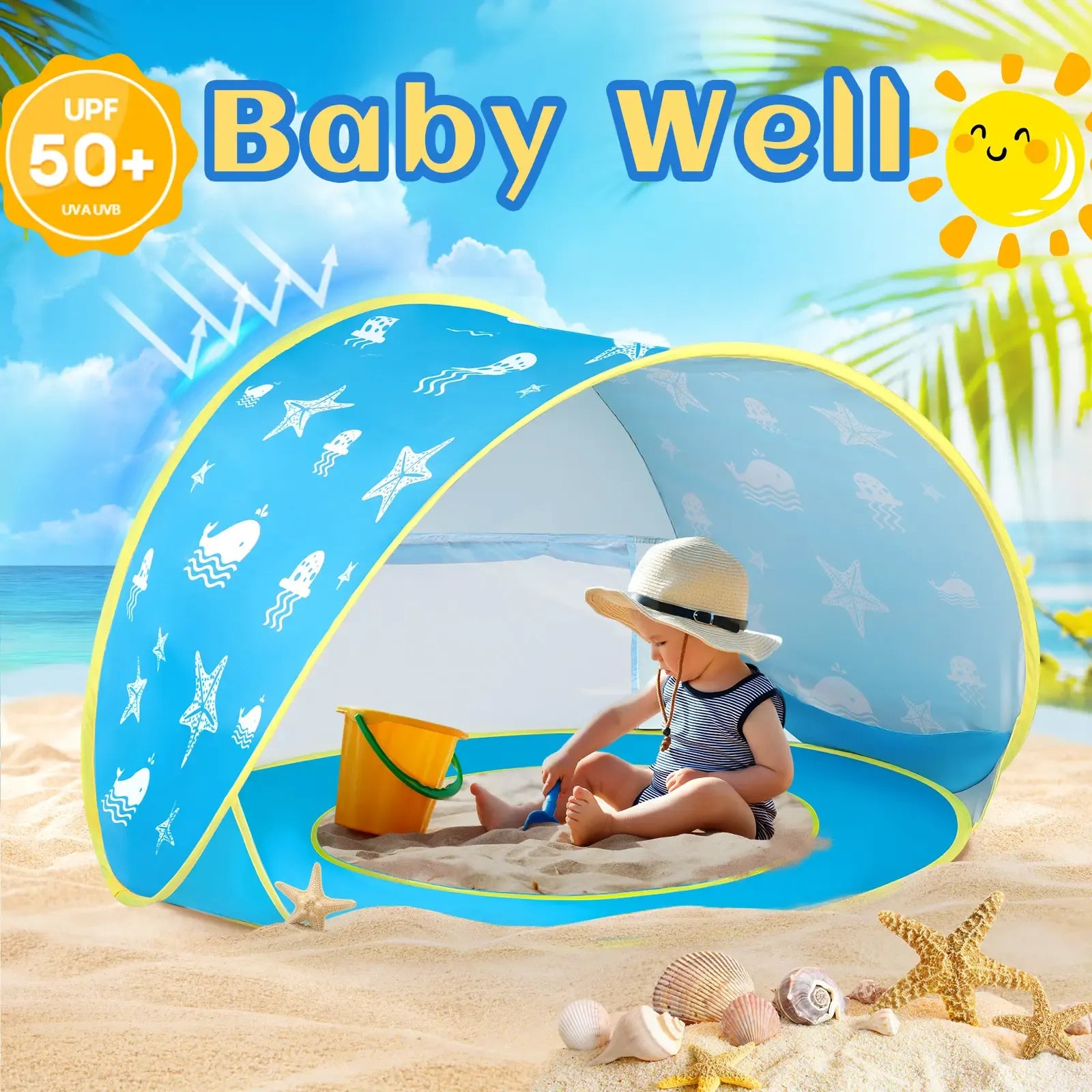 Summer Beach Tent for Kids Blue Pop up Play Tent Sun Shelter UV Protection Playhouse Indoor Outdoor Game Perfect Toy Gift Fun