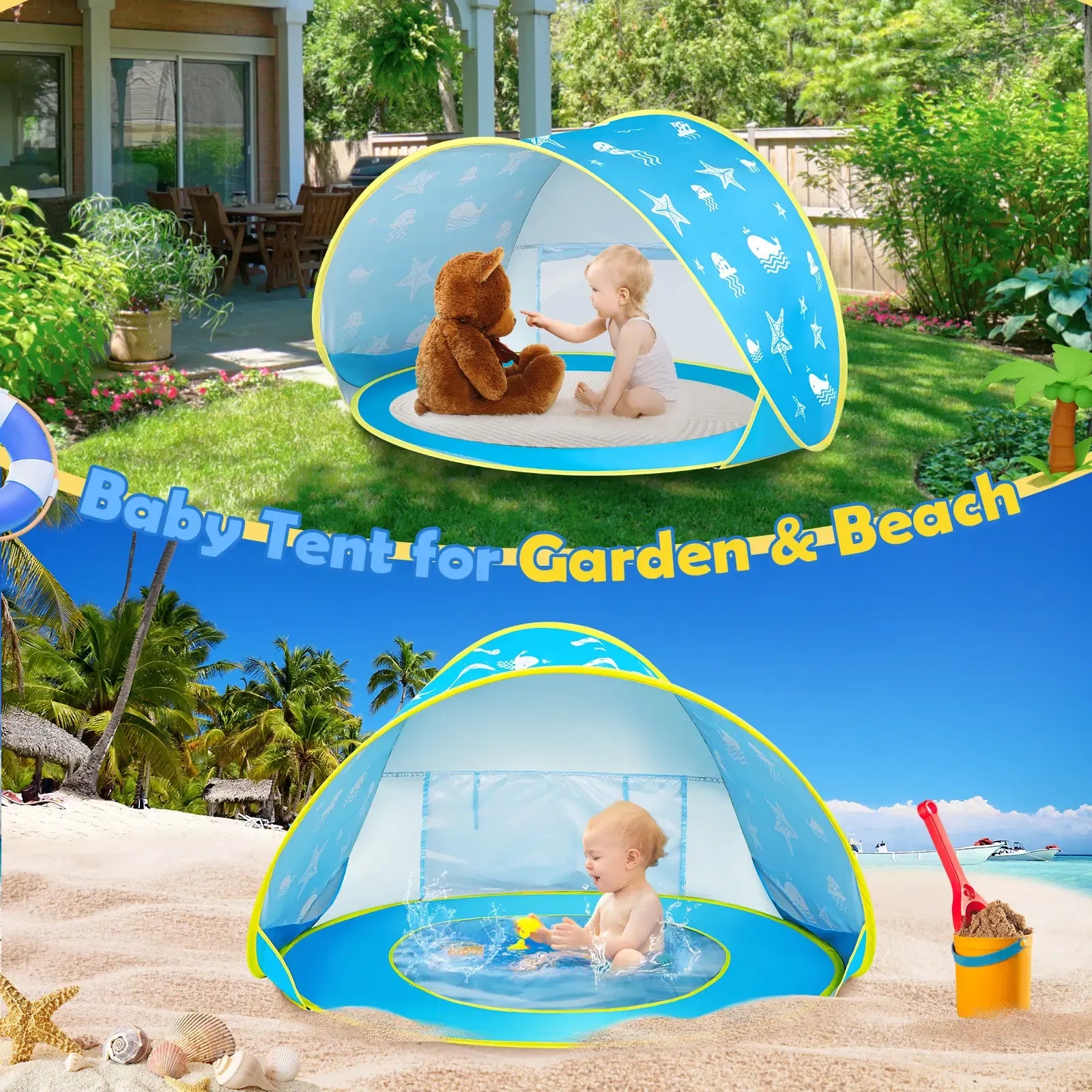 Summer Beach Tent for Kids Blue Pop up Play Tent Sun Shelter UV Protection Playhouse Indoor Outdoor Game Perfect Toy Gift Fun