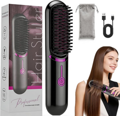 Straightening Brush, Wireless Straightening Brush, Portable Cordless Straightener Straightener with USB Charging Function, 2-in-1 Negative Ion Hair Straightening Brush (Black-1)