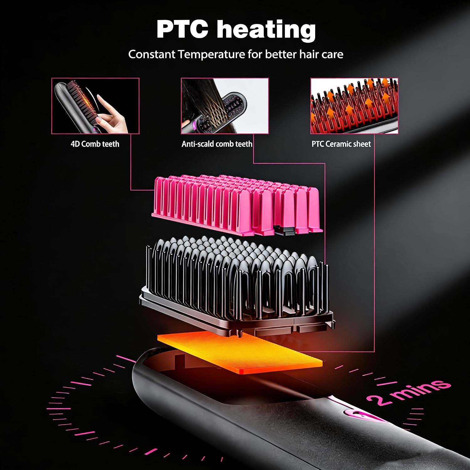 Straightening Brush, Wireless Straightening Brush, Portable Cordless Straightener Straightener with USB Charging Function, 2-in-1 Negative Ion Hair Straightening Brush (Black-1)