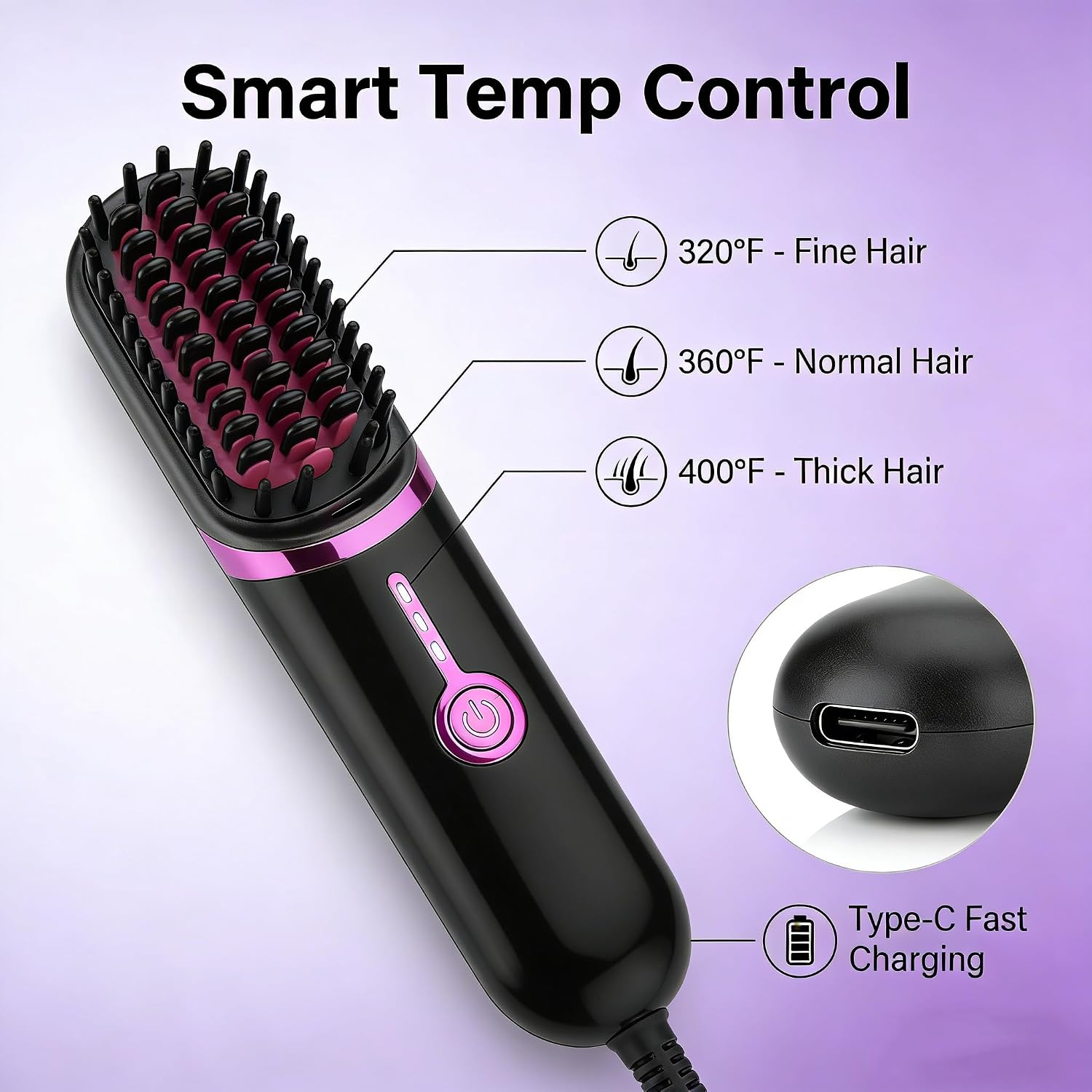 Straightening Brush, Wireless Straightening Brush, Portable Cordless Straightener Straightener with USB Charging Function, 2-in-1 Negative Ion Hair Straightening Brush (Black-1)