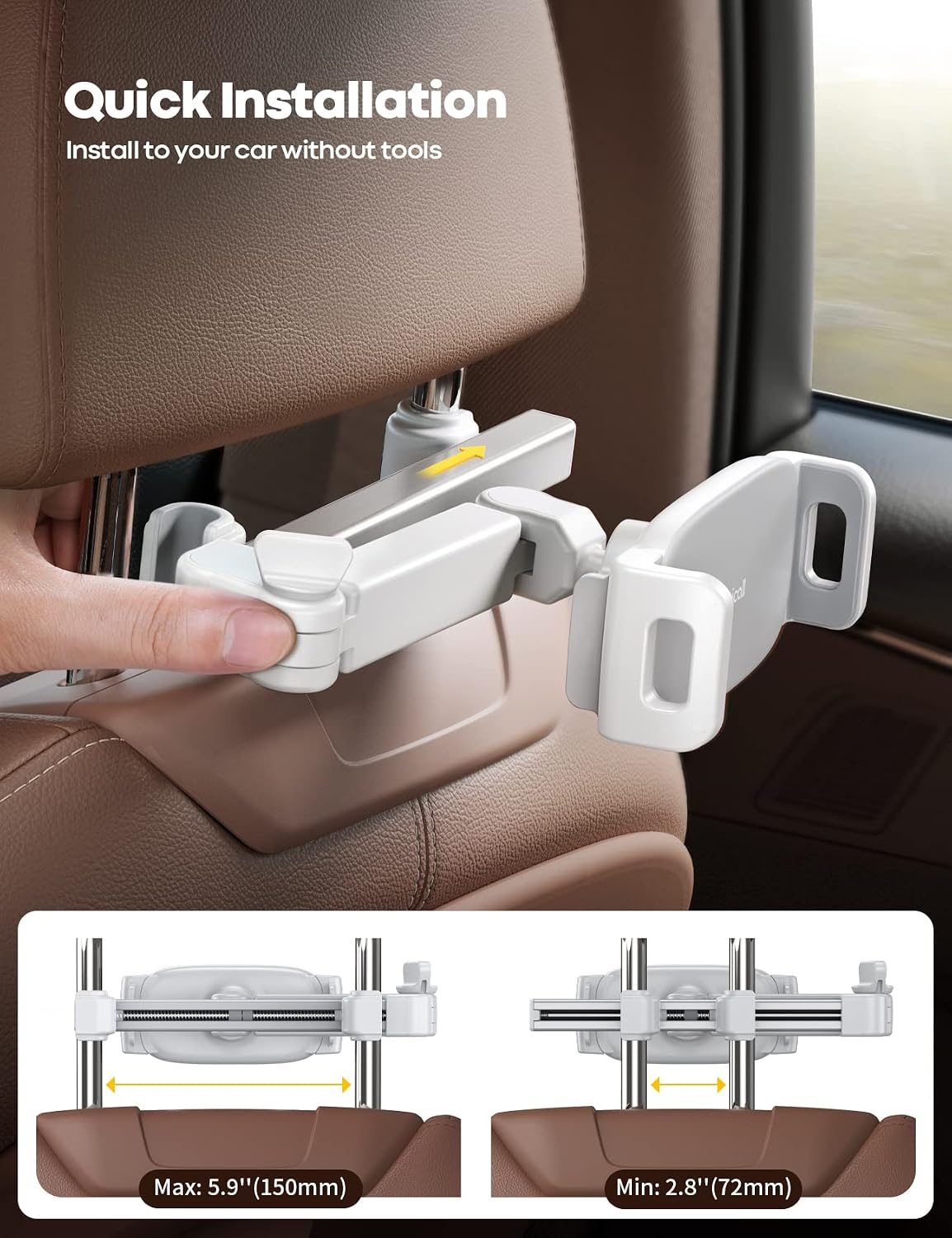 Lamicall Car Headrest Tablet Holder - [Extension Arm] Upgrade Adjustable Tablet Car Mount for Back Seat, Road Trip Essentials for Kids, for 4.7-11" Device like iPad Pro, Air, Mini, Galaxy, Fire, White