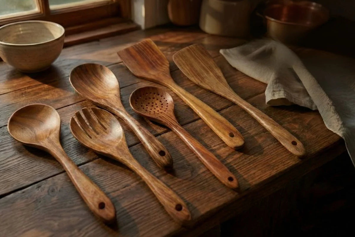 8pcs Wooden Cooking Utensil Set, Soup Spoon, Salad Fork, Long Rice Spoon, Slotted Spoon, Spatula, Utensil Holder, Kitchen Use, Rama Kitchen Essentials, Family Dining, Party Use, Housewarming Gift