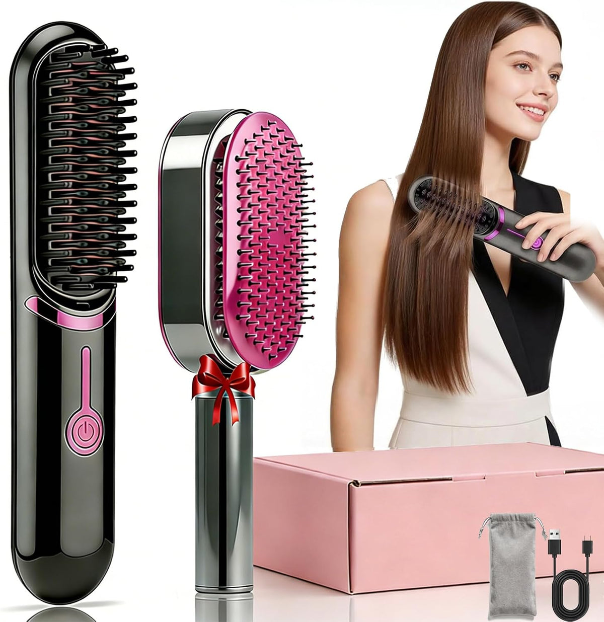 Straightening Brush, Wireless Straightening Brush, Portable Cordless Straightener Straightener with USB Charging Function, 2-in-1 Negative Ion Hair Straightening Brush (Black-1)