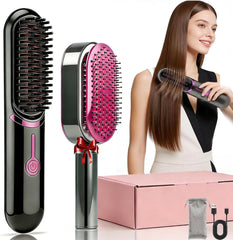 Straightening Brush, Wireless Straightening Brush, Portable Cordless Straightener Straightener with USB Charging Function, 2-in-1 Negative Ion Hair Straightening Brush (Black-1)